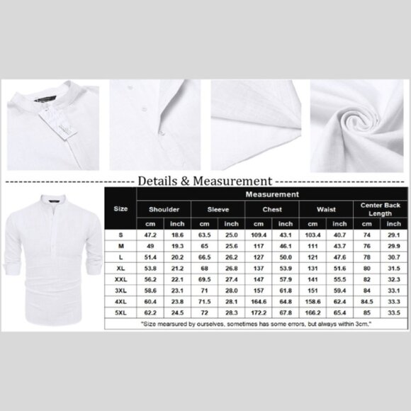 Men's Cotton Linen Henley Shirt Long Sleeve Hippie Casual Beach T Shirts - Picture 7 of 7